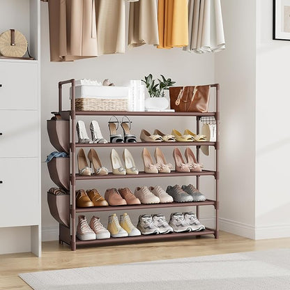 VILICK Shoe Rack for Closet Shoe Organizer Space Saver Storage for 20-25 Pair Shoe Shelf with Hook and Side Pocket Free Standing 5 Tier Shoe Rack Organizer for Entryway,Small Spaces, Brown