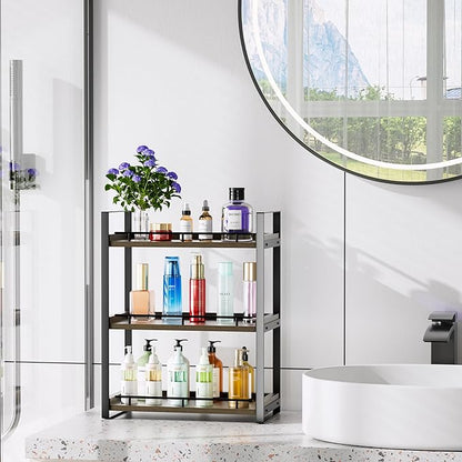 Bathroom Counter Organizer, 3 Tier Wood Countertop Shelf for Vanity, Skincare, Makeup, Kitchen Coffee and Sink Storage, with Durable Metal Bracket (Dark Brown)