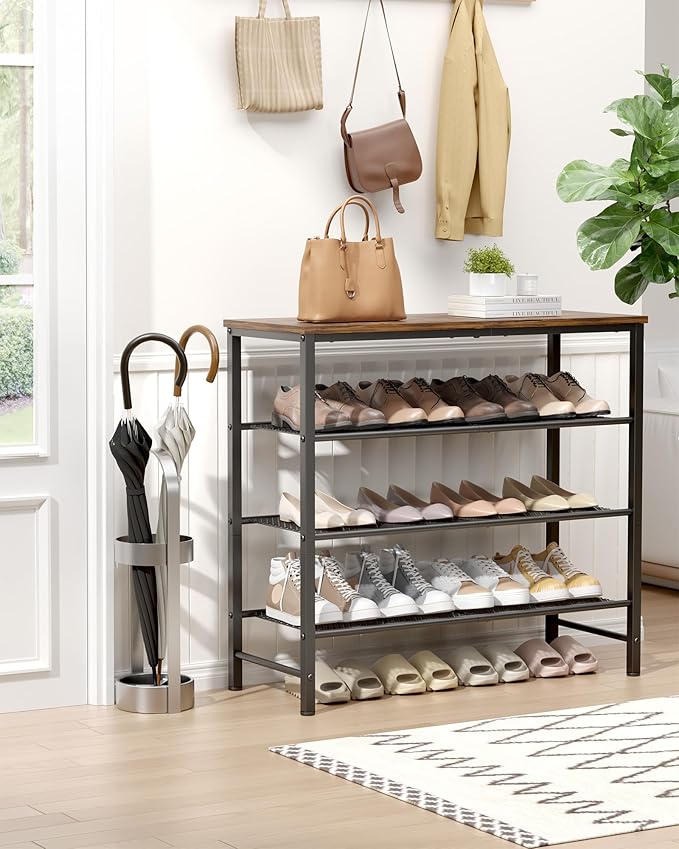 Kitsure Shoe Rack - 4-Tier Shoe Organizer with Wooden Top & Leveling Feet, Easy-Assembly, Rust-Resistant Metal Shoe Shelf for Closet, Entryway, Bedroom, 29.5" x 11.4" x 24.8", Brown