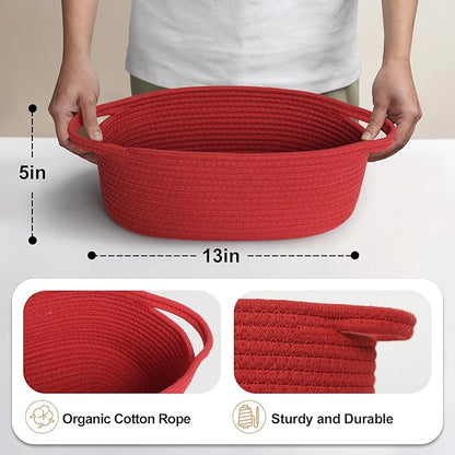 MEGASKET Red Woven Basket, 13" x 9" x 5" Baskets for Gifts Empty, Cute Cotton Rope Cat Dog Toy Bin Box, Small Woven Bin for Organizing, Red Room Decor, Nursery Cloth Diaper Storage Organizer