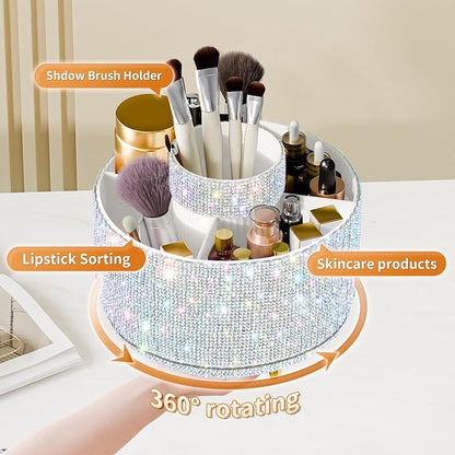 fanado Bling Diamond Makeup Brush Holder, 360° Rotating Makeup Organizer, 5 Slot Make up Brushes Cup for Countertop, Storage for Cosmetics Pen Eyeliner Skincare on the Vanity ((Diamond white AB)
