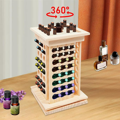 125-Slot Wooden Essential Oil Display Rack, Rotating 360° Organizer for 0.5oz/0.17oz Bottles, Lipsticks, Nail Polish, Vertical Space-Saving Countertop Holder for Home, Spa, Salon, 9.25*16.14in