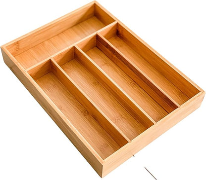Drawer Organizer 100% Organic Bamboo| Premium Cutlery and Utensil Tray| Perfect For The Kitchen, Bathroom, Desk, etc.| Kitchen Drawer Divider with 5 Compartments