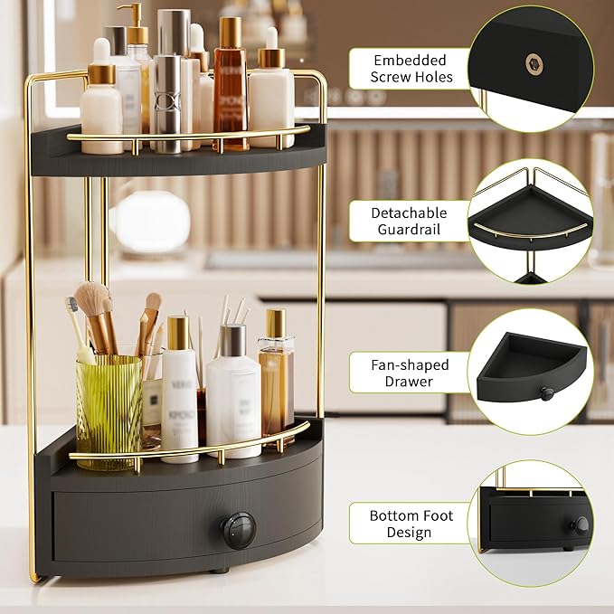 2-Tier Corner Bathroom Counter Organizer with Drawer & Embedded Screw Holes - Wooden Countertop Organizers for Skincare, Makeup Storage, Bathroom Sink Counter Shelf for Vanity, kitchen, Black Gold