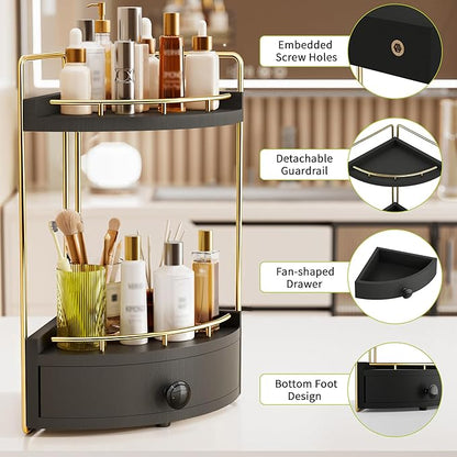 2-Tier Corner Bathroom Counter Organizer with Drawer & Embedded Screw Holes - Wooden Countertop Organizers for Skincare, Makeup Storage, Bathroom Sink Counter Shelf for Vanity, kitchen, Black Gold