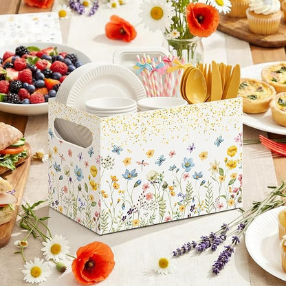 Sliner 2 Pcs Wildflower Utensil Holder Paper Utensil Caddy for Spring Wildflower Party Disposable Cutlery Holder with Handles for Wedding Spring Floral Baby Shower Picnic Tea Party
