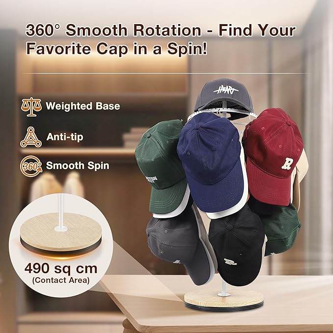 Keebofly Rotating Free Standing Hat Rack & Organizer Stand, 3-Tier Merchandise Display & Tabletop Baseball Cap Organizer Holds 40+ Caps, Portable for Vendor & Home Use in Bedroom, Closet, Entryway