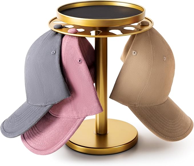 kondyfayo 360° Rotating Hat Organizer for Baseball Caps, Stainless Steel Hat Rack Holder with Top Storage Tray for Small Essentials, Ball Cap Storage Organizer for Closet, Entryway, Display (Gold)