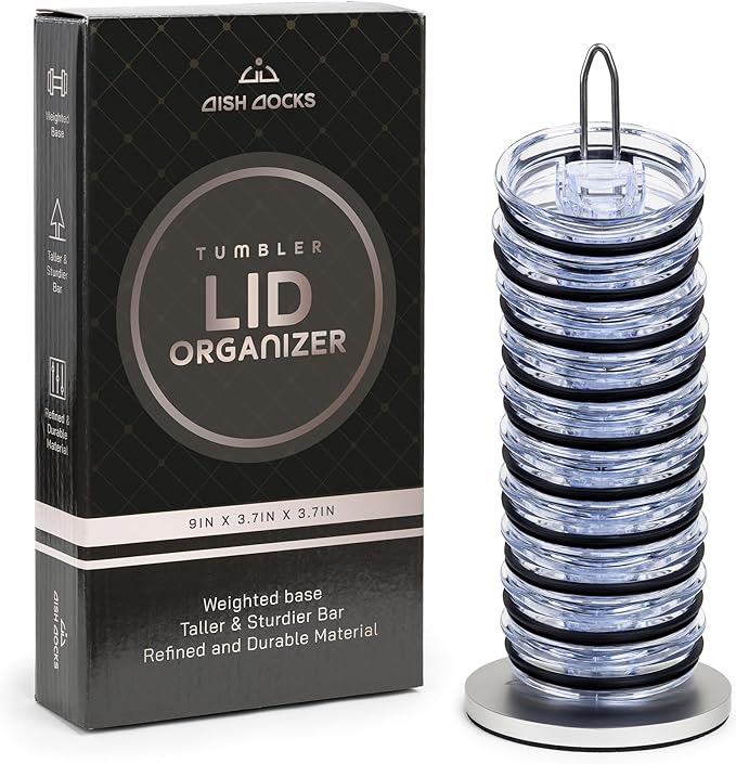 Tumbler Lid Organizer for Cabinet & Countertop - Slim Space-Saving Lid Holder with 9" Sturdy Bar & Weighted, Non-Slip Base - Vertical Storage Cup Lid Organizer - Collapsible Lid Rack for 10 Lids