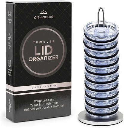 Tumbler Lid Organizer for Cabinet & Countertop - Slim Space-Saving Lid Holder with 9" Sturdy Bar & Weighted, Non-Slip Base - Vertical Storage Cup Lid Organizer - Collapsible Lid Rack for 10 Lids