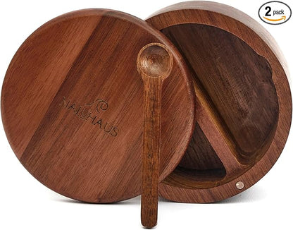 Acacia Wood Salt and Pepper Bowl Set with Swivel Magnetic Lid & Spoon Eco-Friendly Kitchen Countertop Organizer Moisture-Proof Storage for Sea Salt, Spices, Herbs Natural Wood