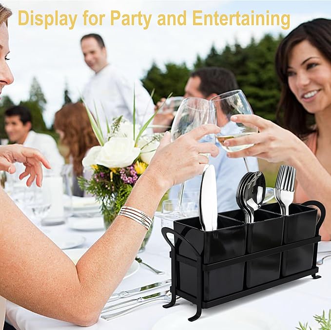 ECOIOU Cutlery Holder with Drain Holes, Dishwasher Safe Silverware Caddy for Party, Kitchen Counter, 3pcs Bins Set Countertop Utensil Holder for Spoons, Forks and Knives, Black