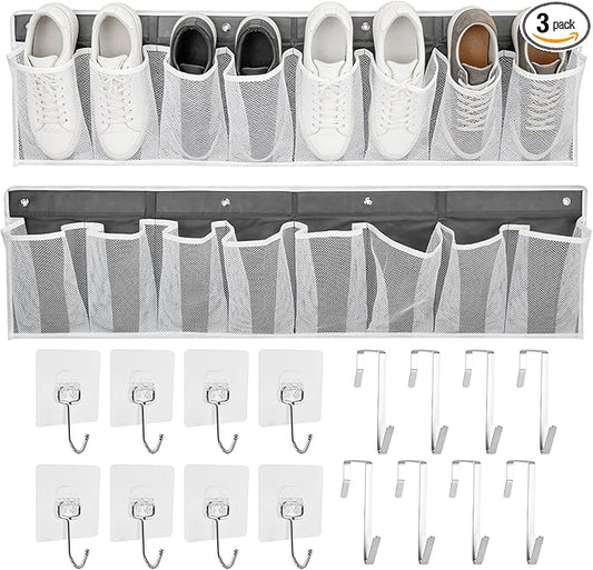 2 Pack RV Shoe Storage with Sticky Adhesive Tape, 16 Large Pocket Wall Mounted Entryway Shoes Rack, Narrow Space Saving Closet Organizers for Lightweight Shoes RV & Camper Essentials