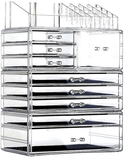 Cq acrylic Makeup Organizer Countertop For Vanity With 9 Drawers,Large Clear Plastic Make Up Storage for Jewelry,Hair Accessory,Beauty,Skin Care,Skincare Product Bathroom Organizer,Set of 4
