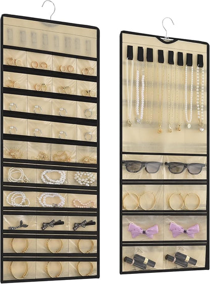 Hanging Jewelry Organizer – Jewelry Holder for Earrings, Necklaces, Rings – Closet Hanging Organizer & Travel hanging Jewelry Organizers for Women, Wall or Door Use, Day Gifts (Beige)