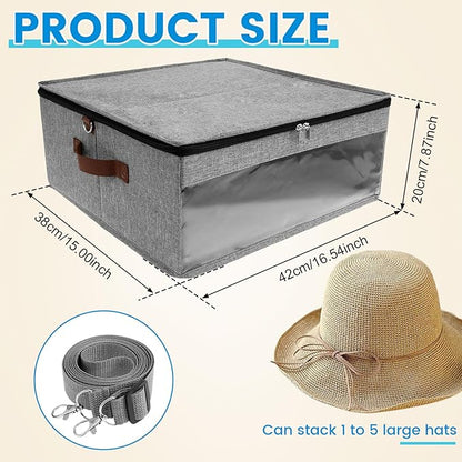 Hat Box Dustproof Hat Storage Box with Zipper Lid and Clear Window Hat Travel Case with Strap Practical Hat Organizer for Closet Clothes Stuffed Toy Storage