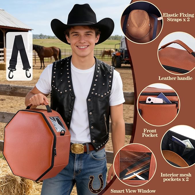 Vegan Leather Cowboy Hat Box for Travel - Large Octagonal Hat Travel Case Fits up to 5 Wide Brim Hats - Padded Hat Storage Organizer with Trolley Sleeve, Clear Window & Shoulder Strap, Brown