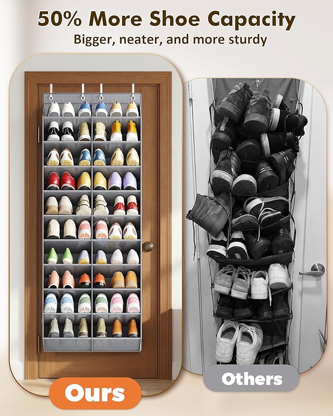 20-30 Pairs Over the Door Shoe Organizer, 10 Tiers Shoe Rack for Door, Hanging Shoe Organizer Storage for Closet, Bedroom, Bathroom with Wider & Deeper Pockets, Dark Gray