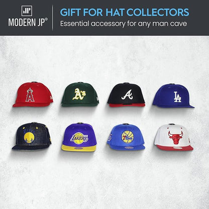 Modern JP Adhesive Hat Hooks for Wall (8-Pack) - Hat Rack for Baseball Caps, Minimalist Hat Display, Strong Hold Hat Hangers for Wall - USA Patented, Clear