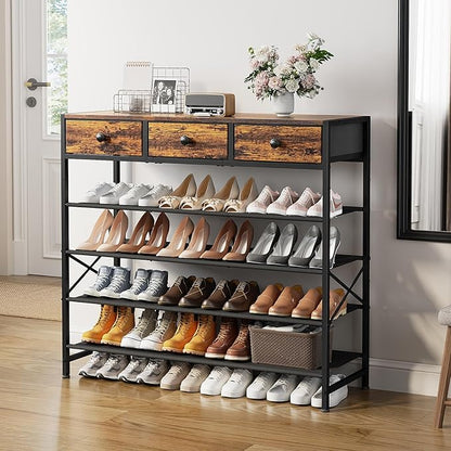 Shoe Rack, 5 Tier Shoe Organizer with 3 Drawers, Metal Shoe Storage for 24-30 Pairs of Shoes with Fabric Shelves and Wooden Top, Narrow Shoe Shelf for Closet Entryway Rustic Brown