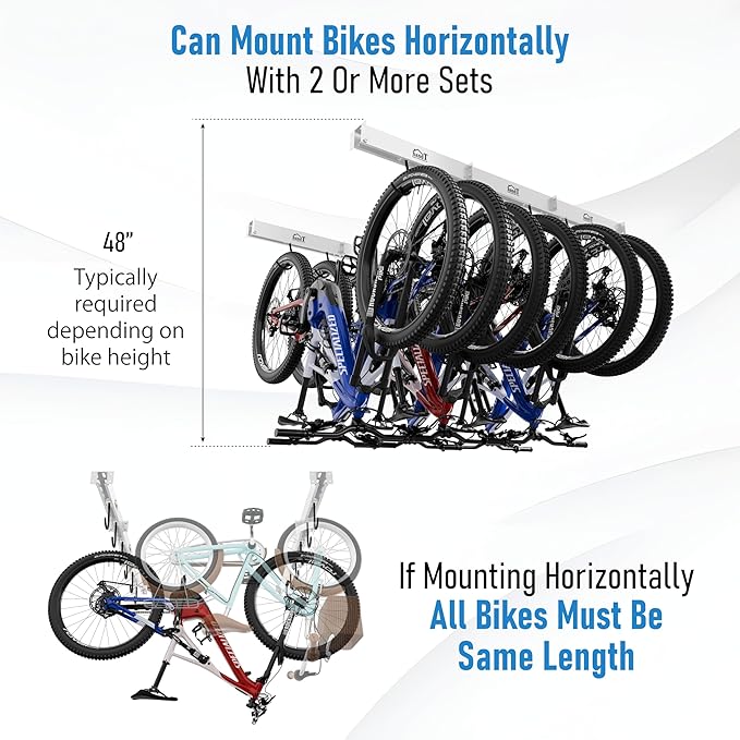 USA Based Ceiling Bike Rack Garage Storage Mount, Bicycle Hanger For Up To 6 Bikes, Sliding 51" Heavy Duty Hook Racks With Padded Hanging Mounts, Hooks Hangers (White, 3 Rails - 6 Hooks)