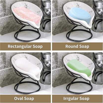 Dobbyby Leaf-Shaped Soap Dish – Premium Ceramic Soap Bar Holder with Self-Drainage System – Bar Soap Holder for Shower, Bathroom Sink, Kitchen – Waterfall Soap Dish with Stainless Steel Stand (Black)