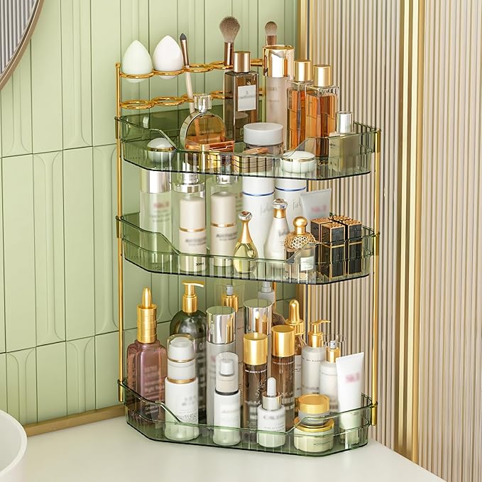 Corner Bathroom Counter Organizer with Makeup Brush Holder & Toothbrush Holders, Makeup Organizer for Vanity Countertop, Acrylic Skincare Storage Shelf (Green, 3-Tier)