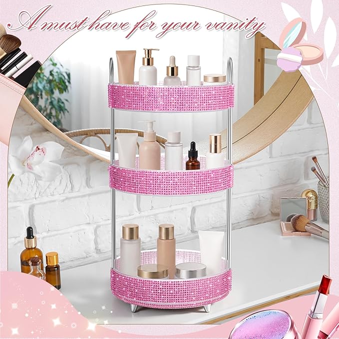 Honeydak 360 Rotating Perfume Organizer for Mother Day Nurse Day Rhinestone Bathroom Counter Organizer Makeup Holder Skincare and Perfume Storage for Cosmetic Countertop(3 Tiers,Resin Stone,Pink)