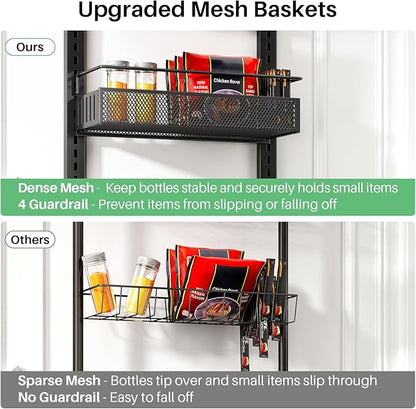 8 Tiers Over the Door Organizer - Height Adjustable Pantry Organizers and Storage with Dense Mesh Baskets, Anti-Swing Hanging Door Spice Rack for Kitchen Bathroom (Black, 12.3"W x 4.7"D x 69"H)