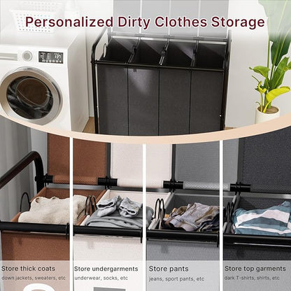 180L Laundry Sorter 4 Section – Heavy Duty Rolling Laundry Basket with Lockable Wheels and Lid, 4 Large Separate Removable Bags, Laundry Hamper Cart for Laundry Room Organizer (Black)