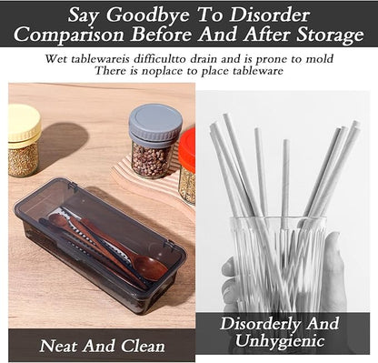 4PCS Flatware Tray with Lid and Drainer, Tableware Utensil and Cutlery Drawer Organizer with Lid Covered Silverware Tray to Keeps Your Cutlery Organized and Protected
