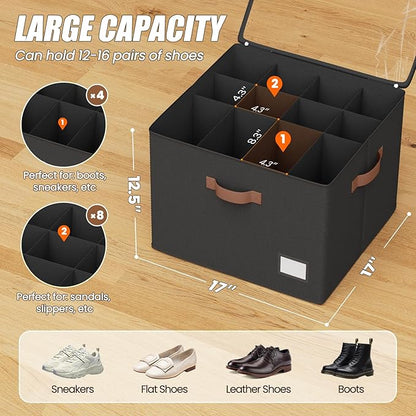 PHINOX Shoe Organizer for Closet, 2 Pack Fabric Shoe Organizer Storage Box, Shoe Storage Containers with Clear Cover, Closet Shoe Storage for Boots Sandals Slippers,Fits 16-32 Pairs, Black