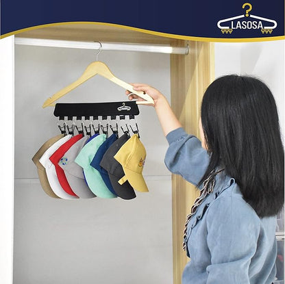 LASOSA Hat Organizer for Closet, Set of 2 - Space-Saving Cap Rack for Baseball Hats, Beanies, Scarves and More - Portable, Adjustable and Easy to Install - Premium Quality, Durable Design (Black)