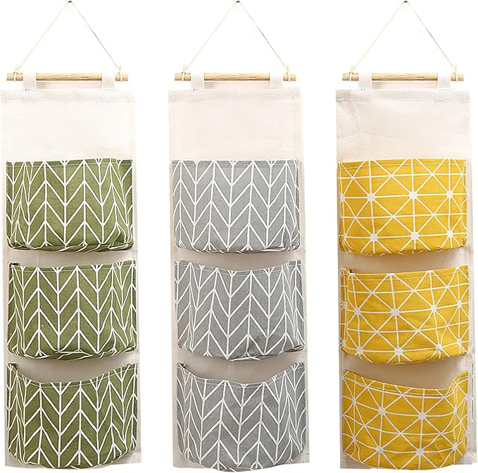 3-Pack Wall Hanging Storage Bags – Over-the-Door Organizers with 3 Large Pockets (6.3" × 5.1"), Hanging Closet & Pantry Organizer for Bedroom, Bathroom, Dorm, and More (Set of 3 Colors)