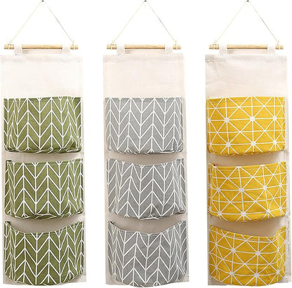 3-Pack Wall Hanging Storage Bags – Over-the-Door Organizers with 3 Large Pockets (6.3" × 5.1"), Hanging Closet & Pantry Organizer for Bedroom, Bathroom, Dorm, and More (Set of 3 Colors)