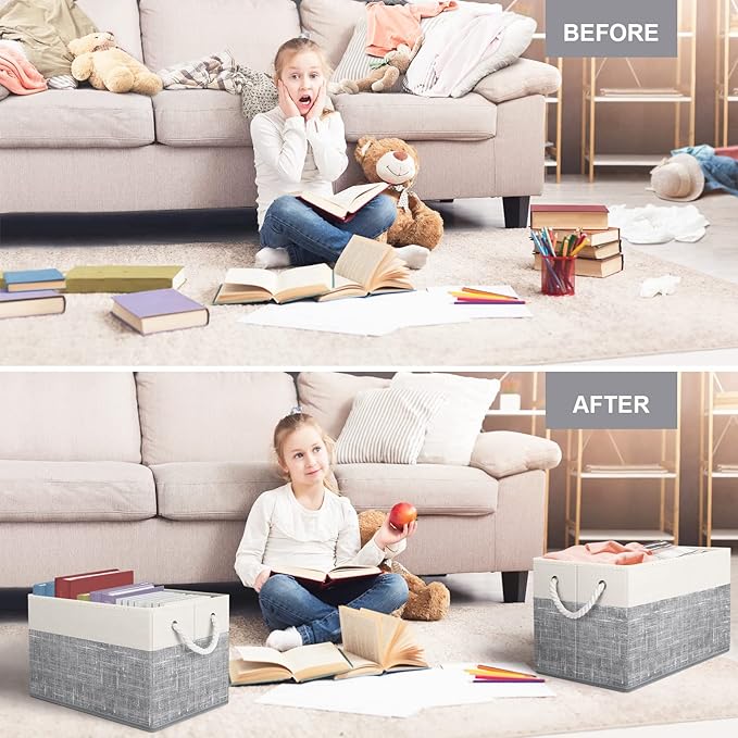 Fab totes Storage Bins 2-Pack, Foldable Storage Baskets for Organizing Toys, Books, Shelves, Closet, Large Storage Box with Rope Handles, Sturdy Organizer Bins, White & Grey