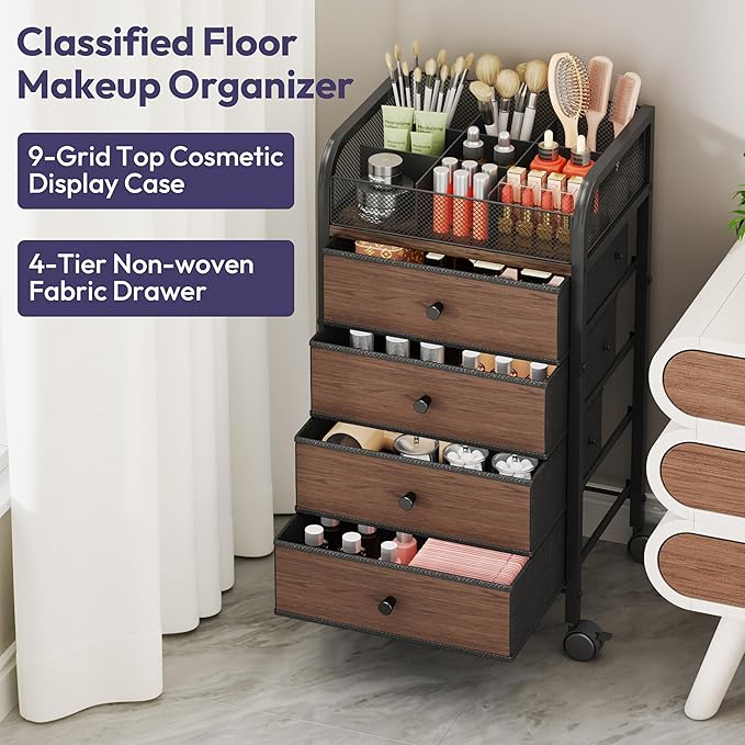 SWTYMIKI Rolling Makeup Organizer Cart - 14.96″*11.81″*27.55″ Widened Under Desk Vanity Storage with 4 Non-woven Drawers, Cosmetic Display Cases for Skin Care Perfume Nail Polish Brush Hair Tool Black