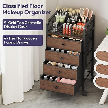 SWTYMIKI Rolling Makeup Organizer Cart - 14.96″*11.81″*27.55″ Widened Under Desk Vanity Storage with 4 Non-woven Drawers, Cosmetic Display Cases for Skin Care Perfume Nail Polish Brush Hair Tool Black