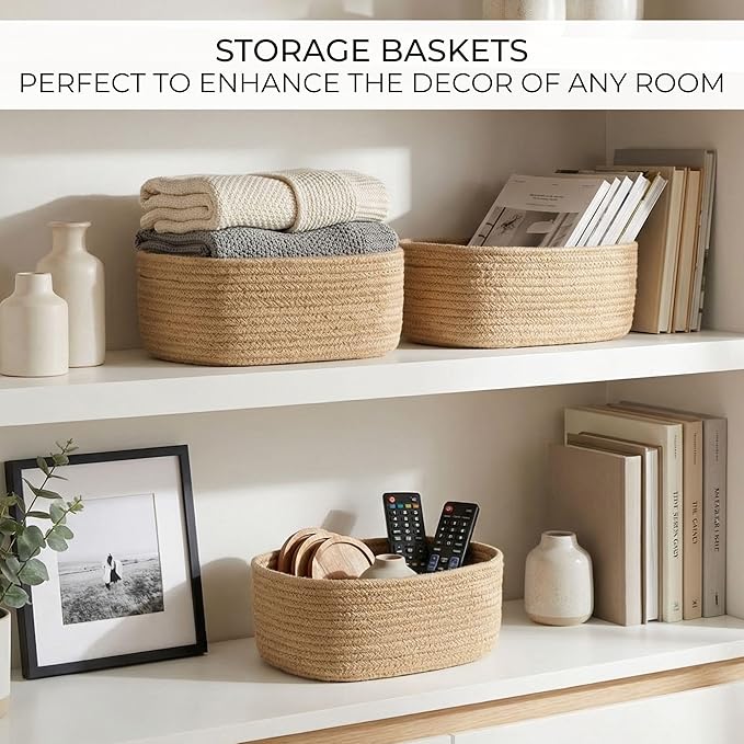 Beautiful Storage Basket Set of 3 - Sturdy Jute Rope Baskets for Shelves Are Perfect for Organizing Your Home - Quality Storage Bins Easily Fit With Any Nursery or Bedroom Decor