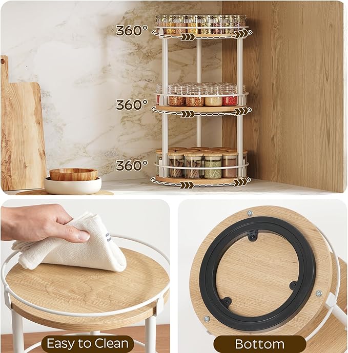 YATINEY 3-Tier Lazy Susan Organizer, Rotating Spice Rack, Spinning Organizer, Industrial Turntable Spice Rack Organizer for Cabinet, Kitchen Countertop, Pantry, White and Natural SR23WN