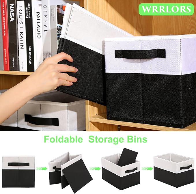 Large Shelf Storage Bins [4 Pack],Decorative Collapsible Storage Basket,Fabric Closet Organizer and Home Storage Cubes with Handles for Organizing Books, Clothes, Toys, Nursery（Black）