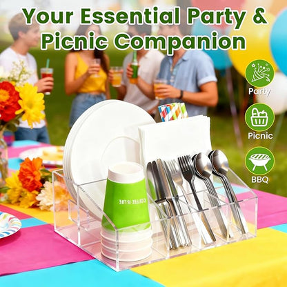 Acrylic Paper Plate Holder Organizer, Clear Utensil Caddy & Dispenser with Non-Slip Pads&7 Divided Grids for Kitchen, Party, Outdoor - Space-Saving Storage