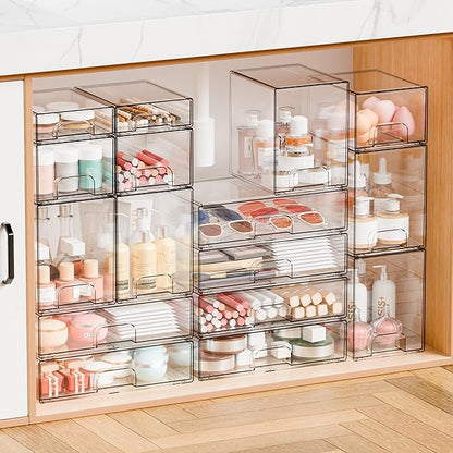 Yieach 12.2''W Clear Stackable Storage Drawers,4 Pack Acrylic Drawers,Bathroom Organizer Bin and Plastic Makeup Organizer,Clear Stacking Brightroom Storage Boxes for Vanity,Cabinet,Pantry Organization