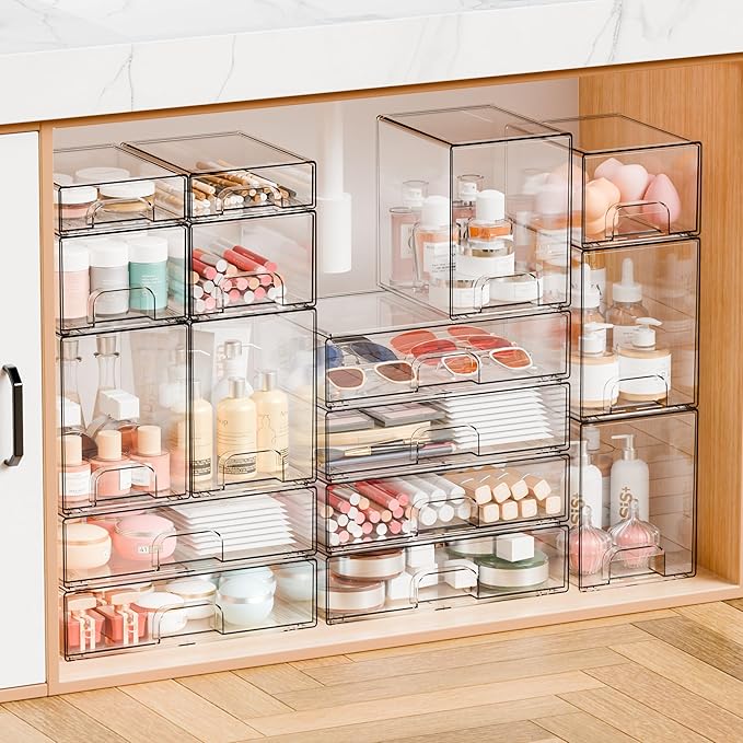 Yieach 6 Pack Small Stackable Storage Drawers,4.4 Inch Tall Stacking Acrylic Clear Storage Bins for Bathroom Vanity,Undersink,Pull Out Drawer Organizers for Beauty,Makeup,Medicine Cabinet Organizers