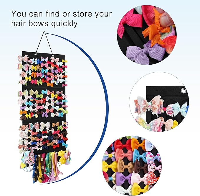 Hair Accessory Organizer - Hanging Holder for Girls' Headbands, Hair Clips, Ties, Scrunchies (Black)
