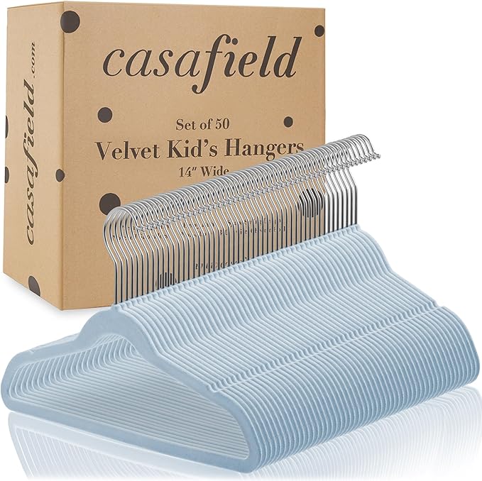 Casafield 50 Velvet Kid's Hangers - 14" Size for Children's Clothes - Light Blue