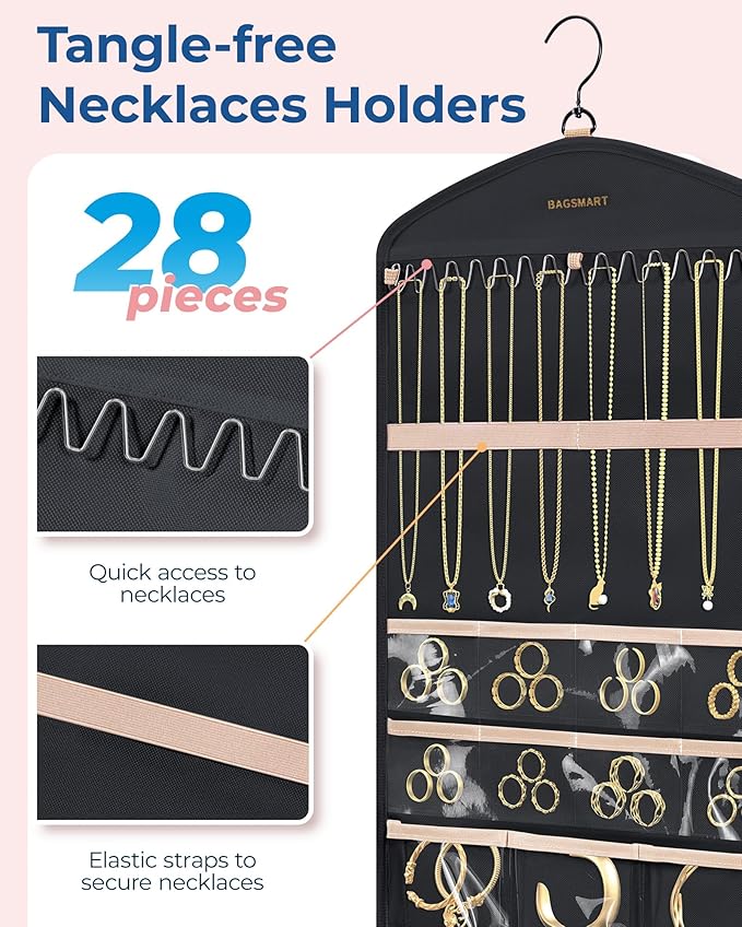 BAGSMART Hanging Jewelry Organizer with Hanger Metal Hooks Double-Sided Jewelry Holder for Organizing Earrings Necklaces Rings Perfect for in Hanging Closet, Wall, Door, 1 Piece, M, Black