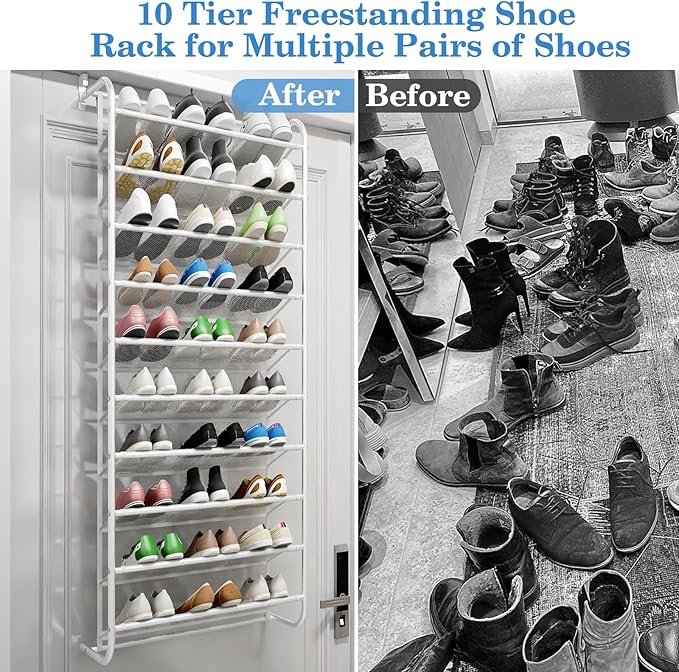 AQQHSAIN 10 Tier Over The Door Shoe Organizer Wall Shoe Shelf Shoe Holder Door Shoe Rack for Closet Pantry Hanging Shoes Clothes Toys Storage Shelves (White)