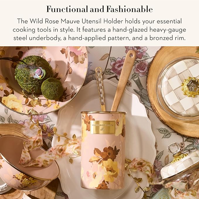 MACKENZIE-CHILDS Enamel Utensil Holder, Stylish Kitchen Countertop Organizer, Wild Rose Mauve