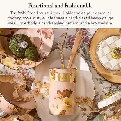 MACKENZIE-CHILDS Enamel Utensil Holder, Stylish Kitchen Countertop Organizer, Wild Rose Mauve